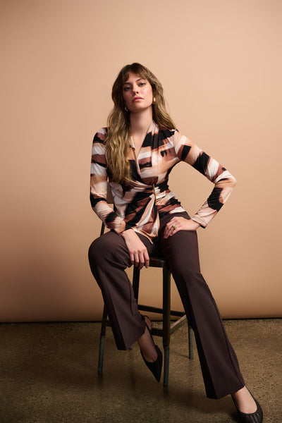 Joseph Ribkoff Black/Brown Silky Knit Abstract Print Fitted Wrap Top
