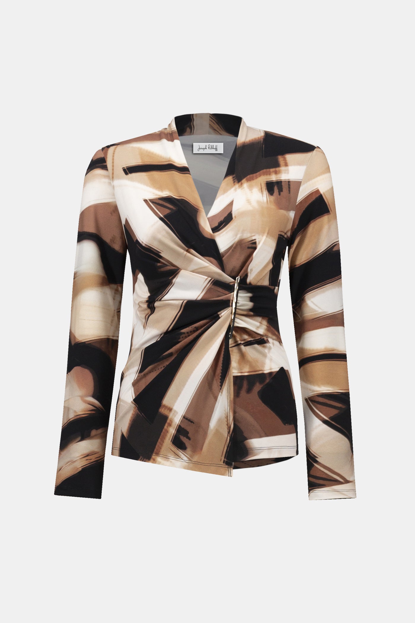 Joseph Ribkoff Black/Brown Silky Knit Abstract Print Fitted Wrap Top