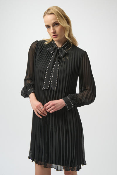 Joseph Ribkoff Black Pleated Chiffon Aline Dress with Neck Tie