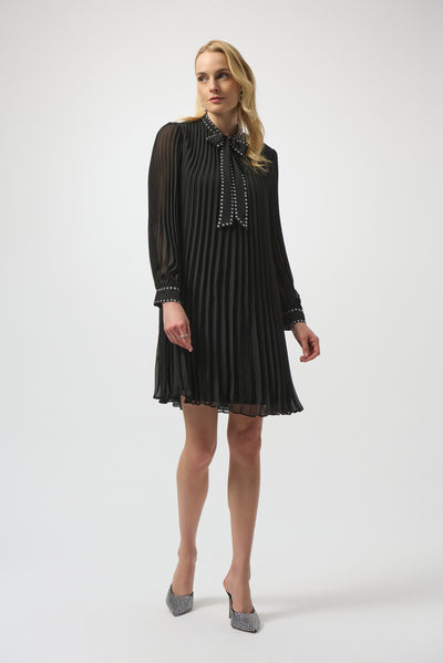 Joseph Ribkoff Black Pleated Chiffon Aline Dress with Neck Tie