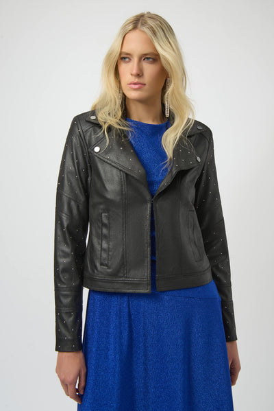 Joseph Ribkoff Black  Foiled Faux Suede Fitted Jacket with Rhinestones