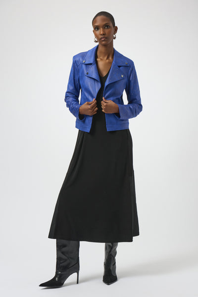 Joseph Ribkoff Royal Sapphire Foiled Faux Suede Fitted Jacket with Rhinestones