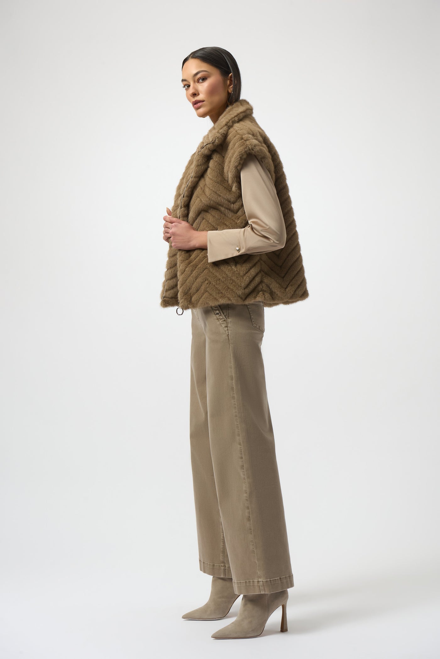 Joseph Ribkoff Mink Chevron Faux Fur Mock Neck Vest