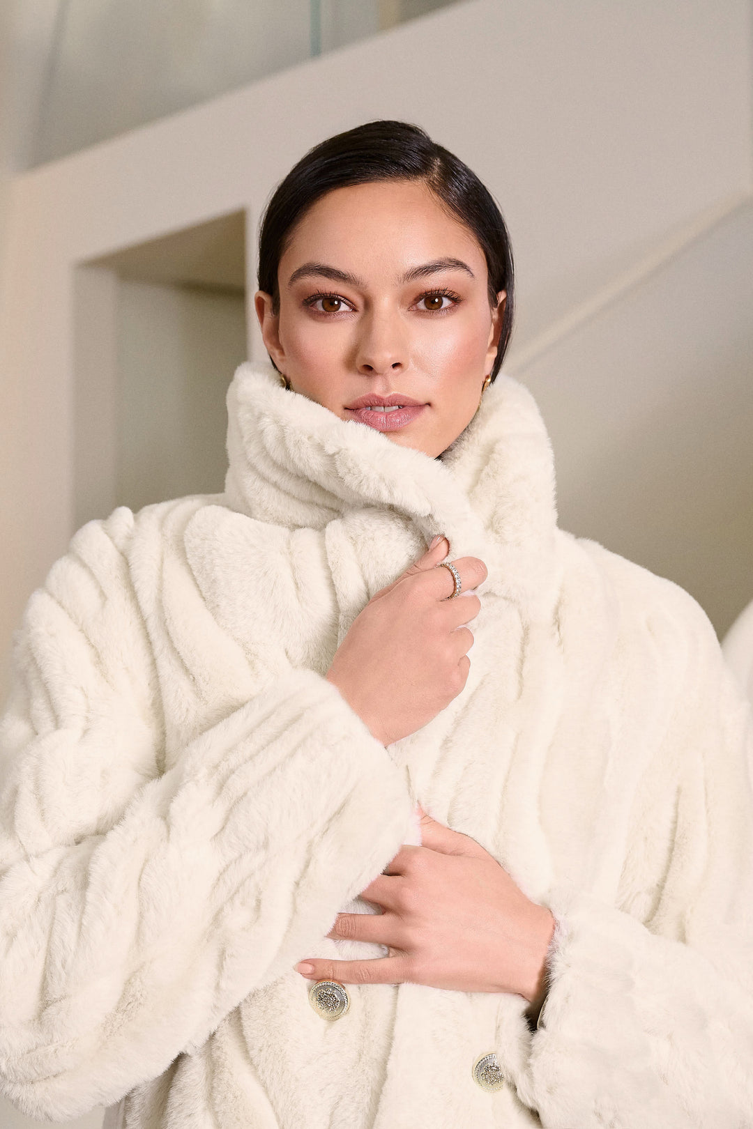 Joseph Ribkoff Cream Textured Faux Fur Shawl Collar Coat – La