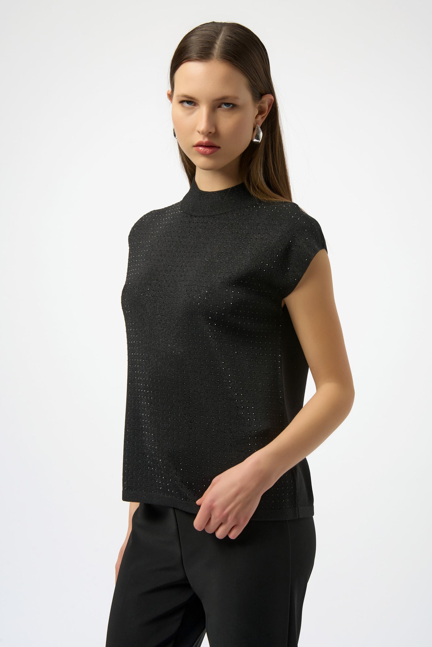 Joseph Ribkoff Black Sweater Knit Sleeveless Pullover with Iron-On Detail