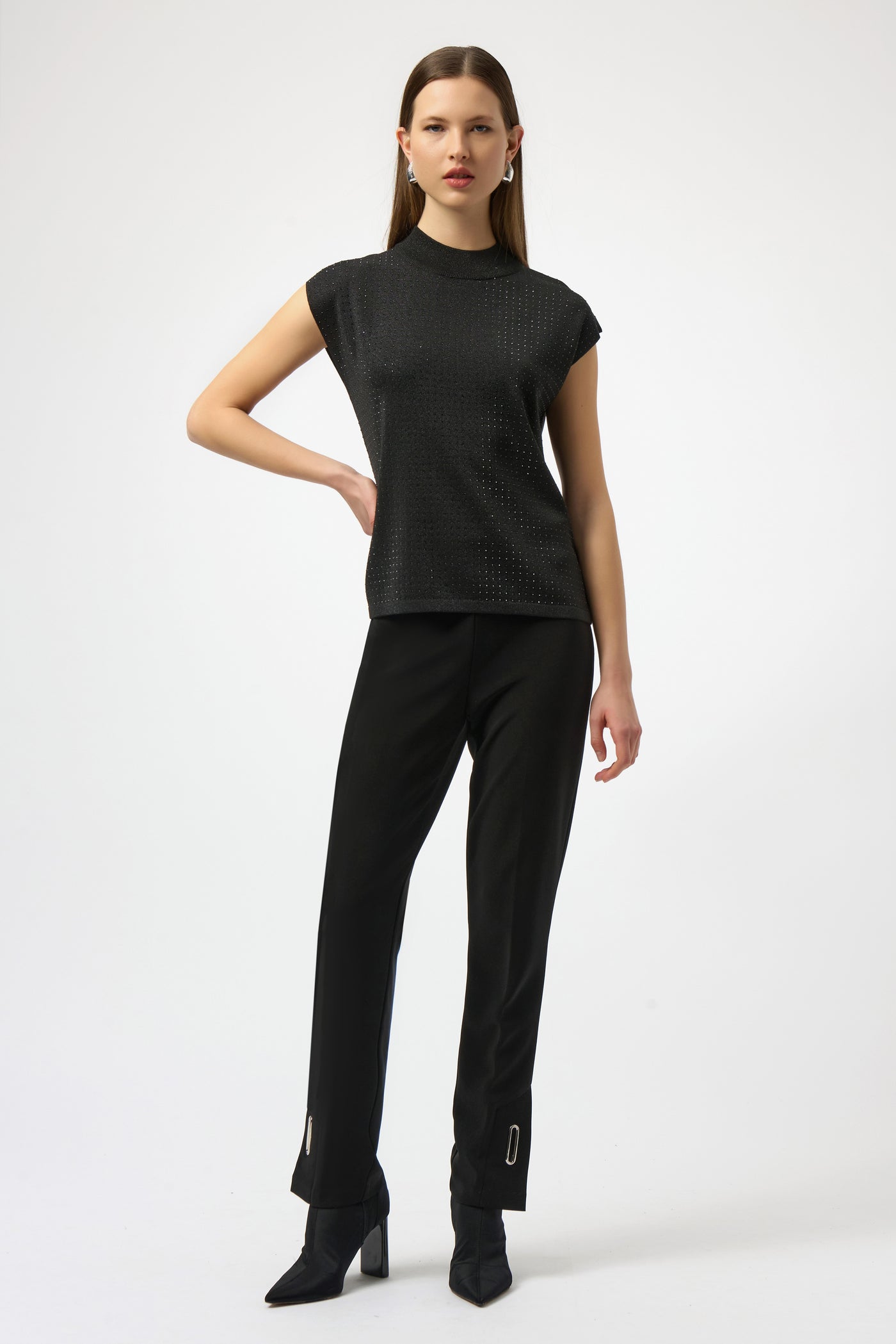 Joseph Ribkoff Black Sweater Knit Sleeveless Pullover with Iron-On Detail