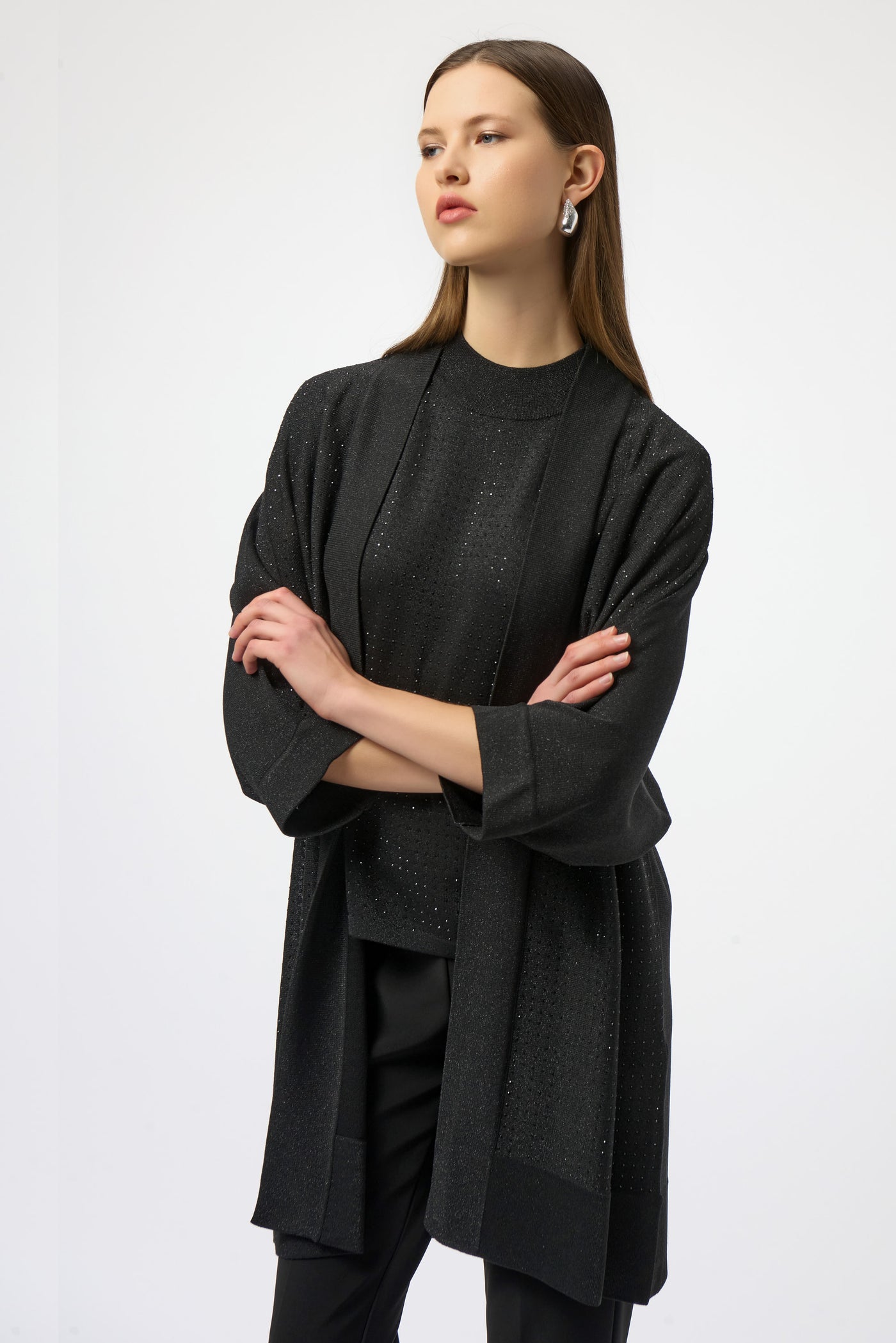 Joseph Ribkoff Black Sweater Knit Cover-Up with Iron-On Detail