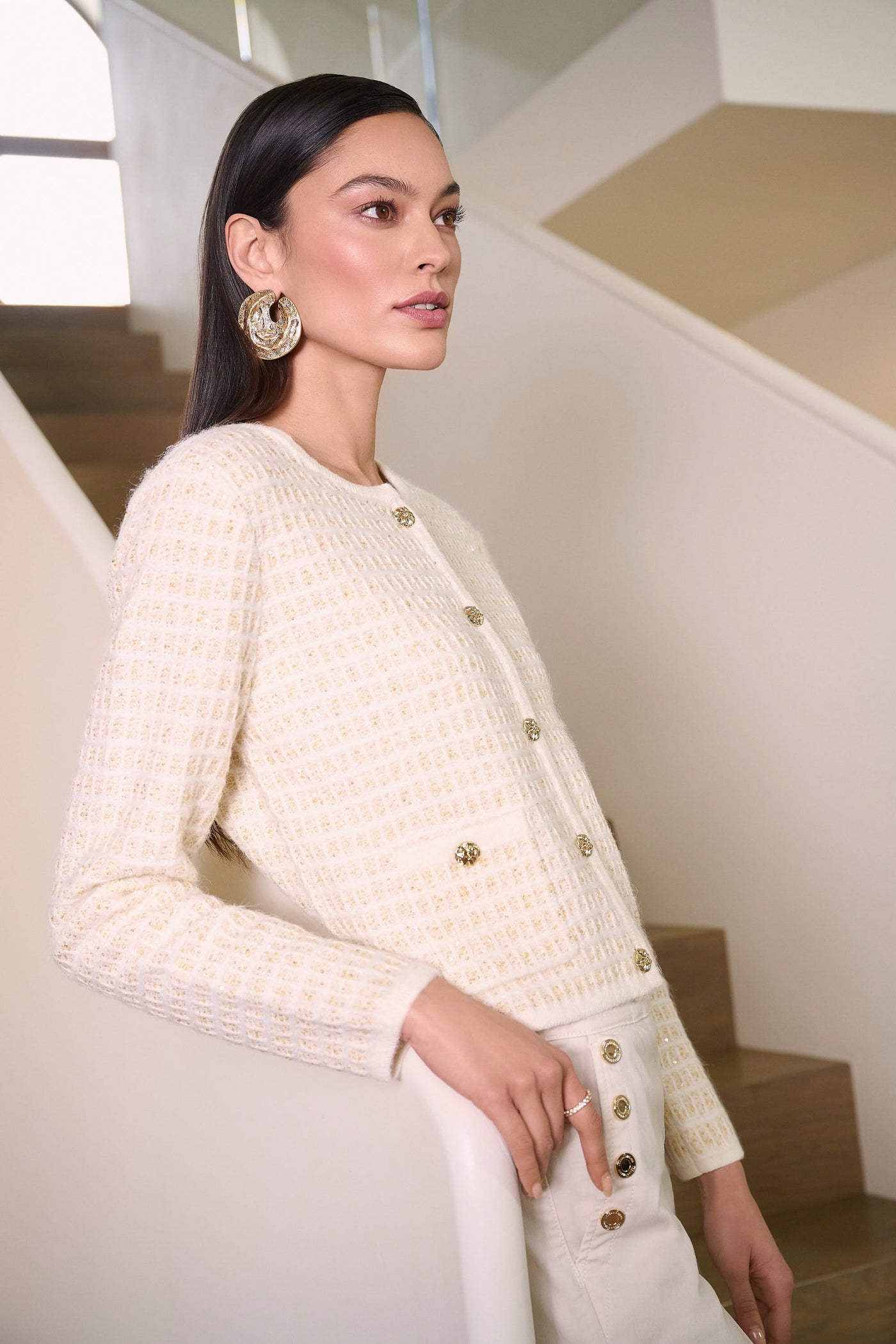 Joseph Ribkoff Sequined Sweater Knit Cardigan with Gold Buttons