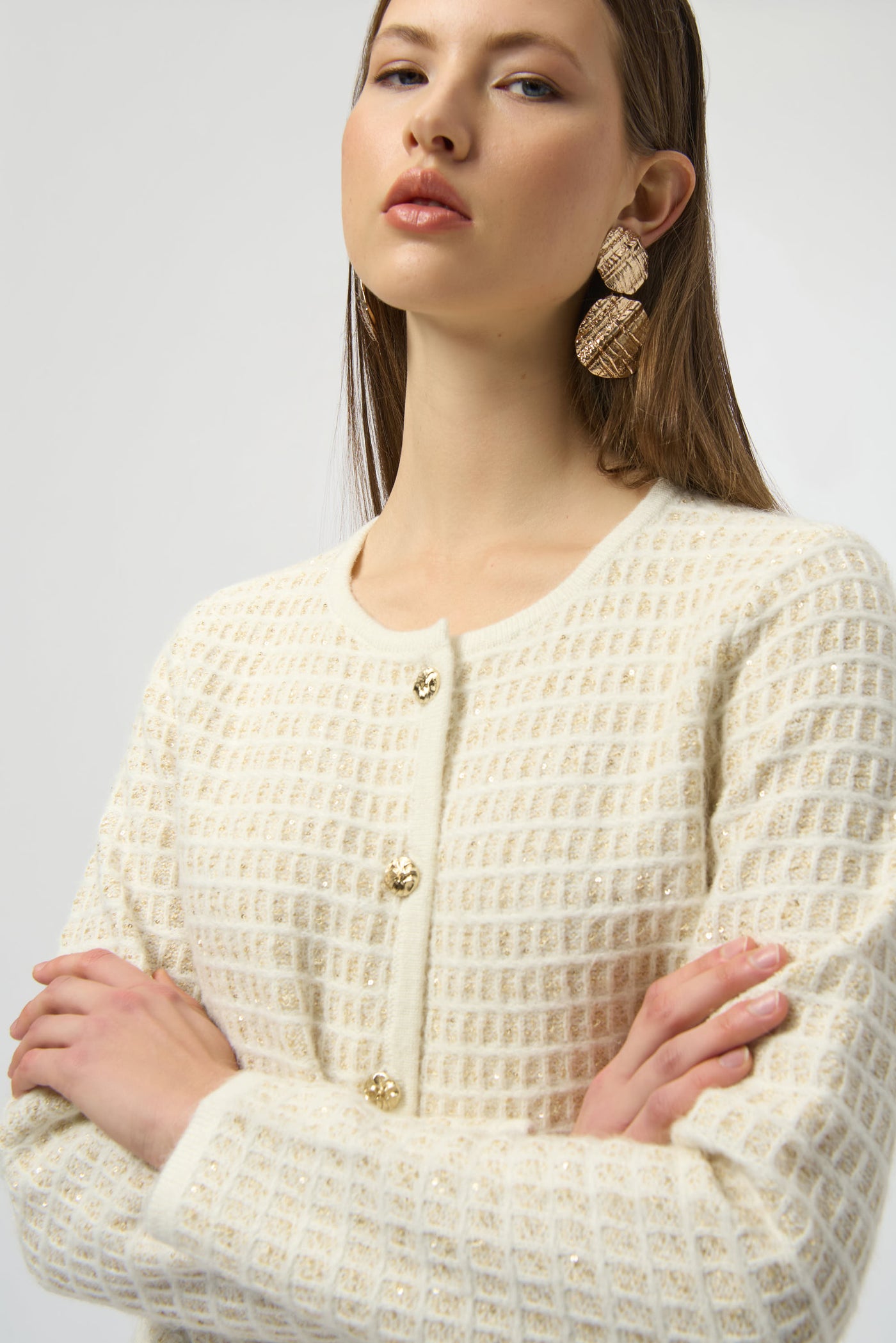 Joseph Ribkoff Sequined Sweater Knit Cardigan with Gold Buttons