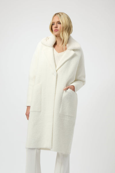 Joseph Ribkoff Winter White Feather Yarn and Faux Fur Sweater Coat