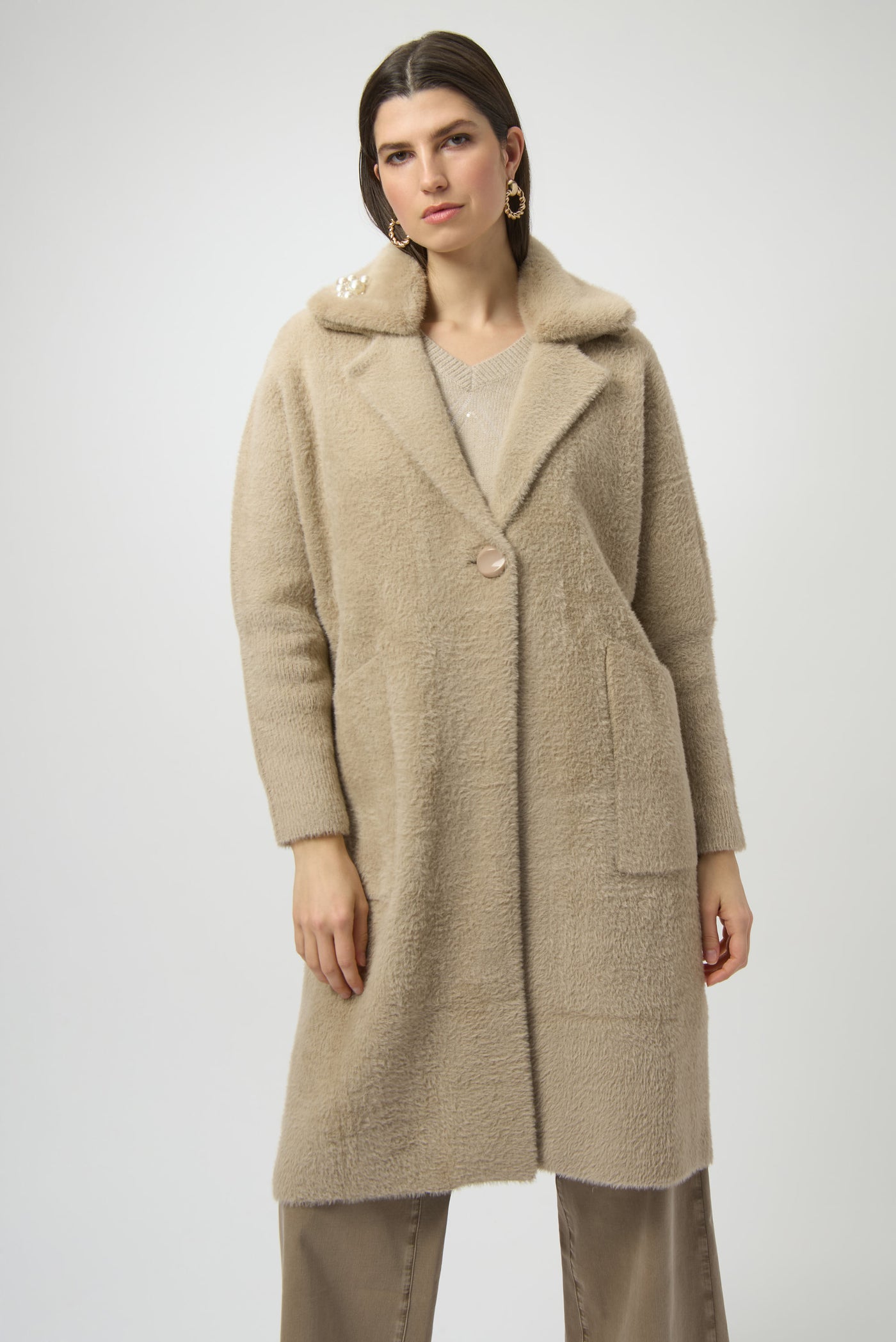 Joseph Ribkoff Fawn Feather Yarn and Faux Fur Sweater Coat