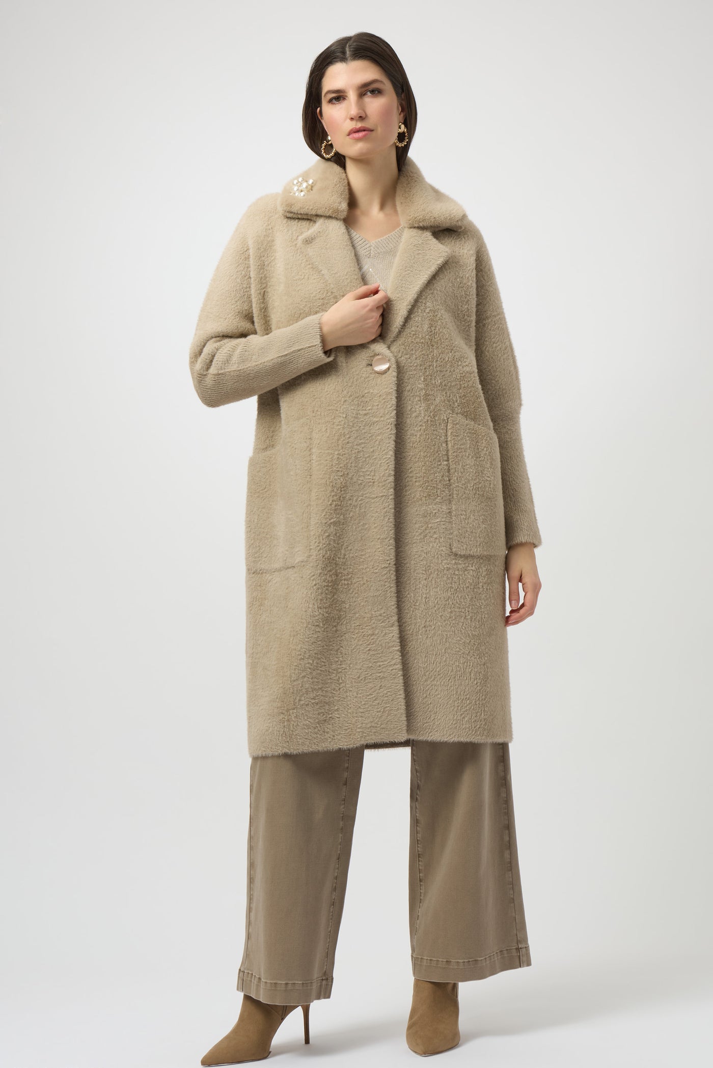 Joseph Ribkoff Fawn Feather Yarn and Faux Fur Sweater Coat