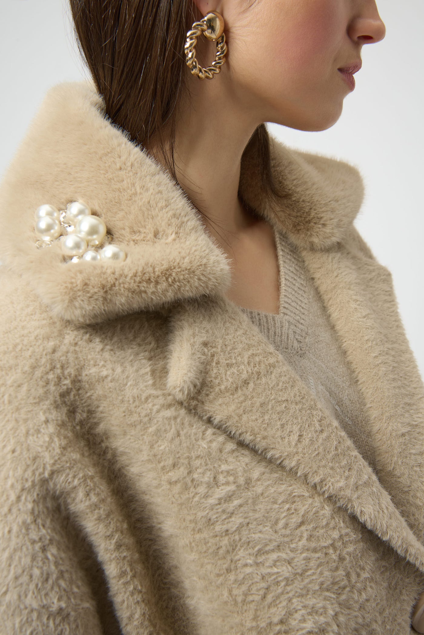 Joseph Ribkoff Fawn Feather Yarn and Faux Fur Sweater Coat