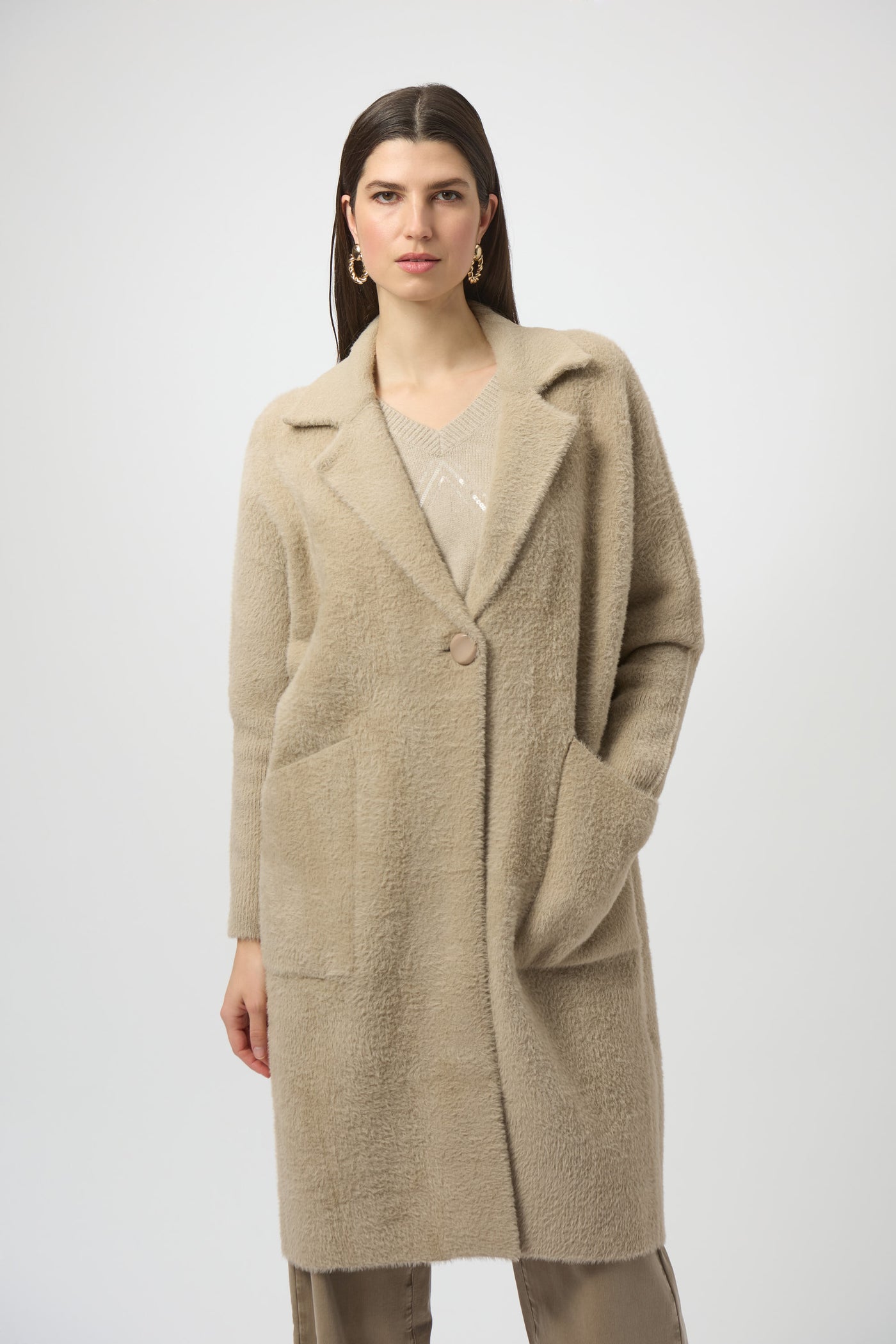 Joseph Ribkoff Fawn Feather Yarn and Faux Fur Sweater Coat