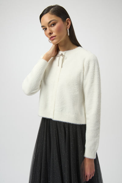 Joseph Ribkoff Feather Yarn Cardigan with Rhinestone Bow