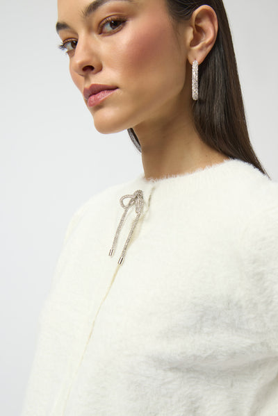 Joseph Ribkoff Feather Yarn Cardigan with Rhinestone Bow