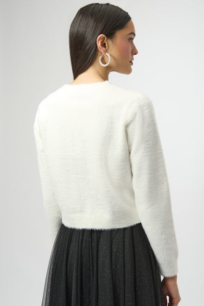Joseph Ribkoff Feather Yarn Cardigan with Rhinestone Bow