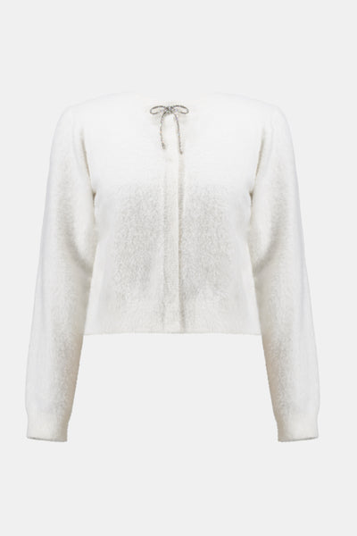 Joseph Ribkoff Feather Yarn Cardigan with Rhinestone Bow