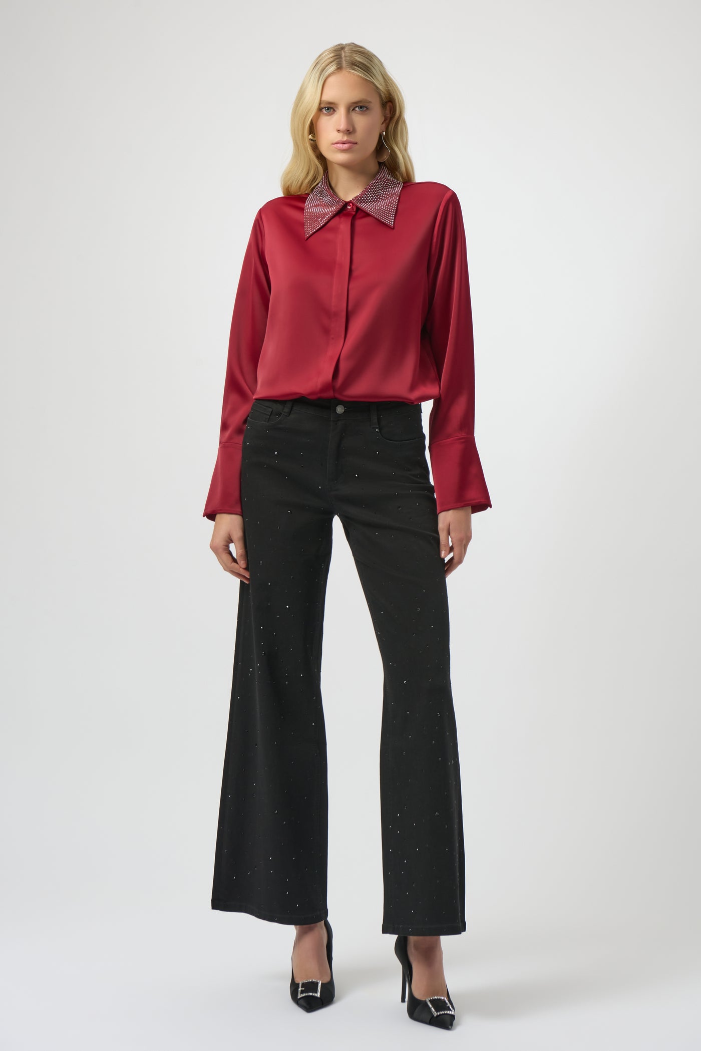 Joseph Ribkoff Classic Black Wide Leg Jeans with Rhinestones