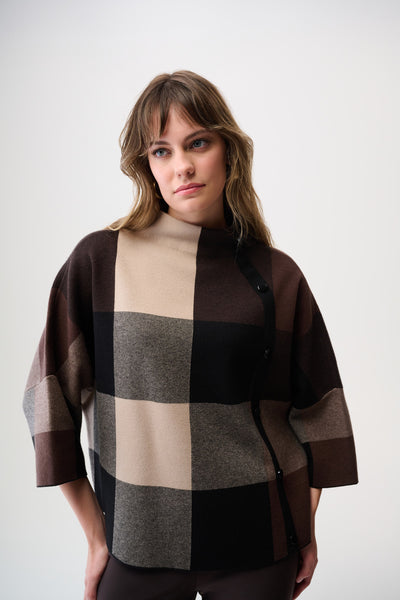 Joseph Ribkoff Brushed Viscose Plaid Print Boxy Sweater with Funnel Neck