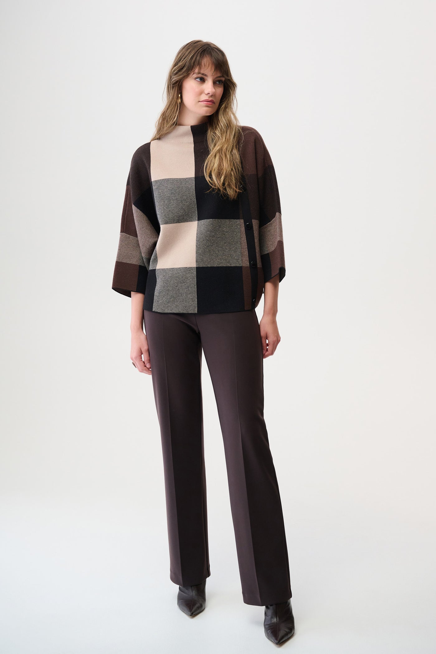 Joseph Ribkoff Brushed Viscose Plaid Print Boxy Sweater with Funnel Neck