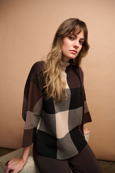 Joseph Ribkoff Brushed Viscose Plaid Print Boxy Sweater with Funnel Neck