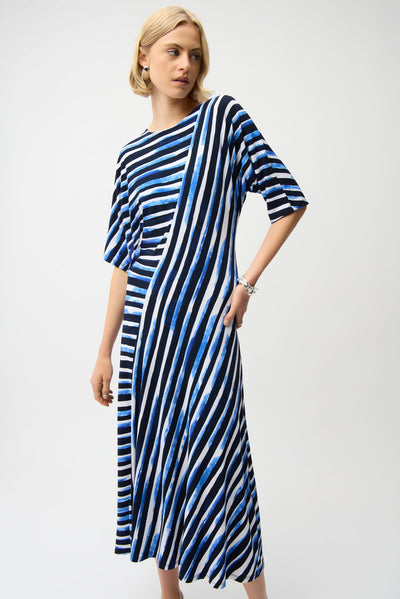 Joseph Ribkoff Blue/Vanilla Silky Knit Stripe Print Fit and Flare Dress