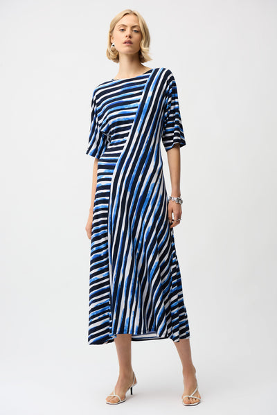 Joseph Ribkoff Blue/Vanilla Silky Knit Stripe Print Fit and Flare Dress