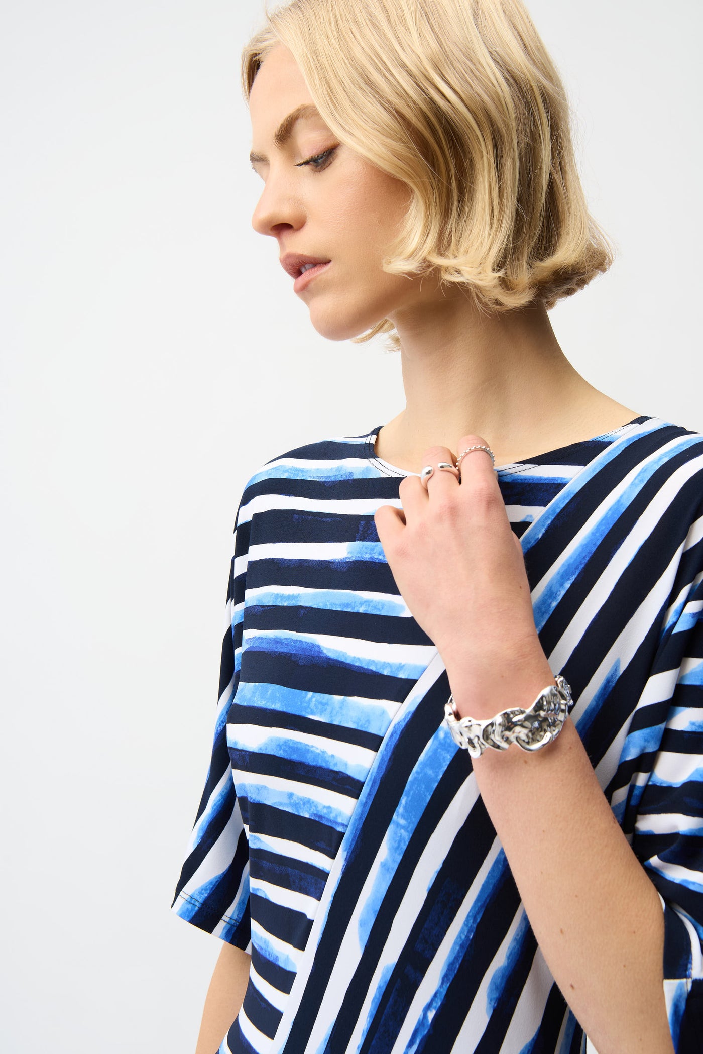 Joseph Ribkoff Blue/Vanilla Silky Knit Stripe Print Fit and Flare Dress