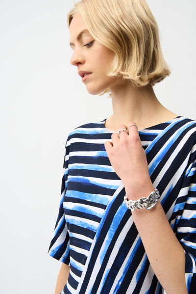 Joseph Ribkoff Blue/Vanilla Silky Knit Stripe Print Fit and Flare Dress