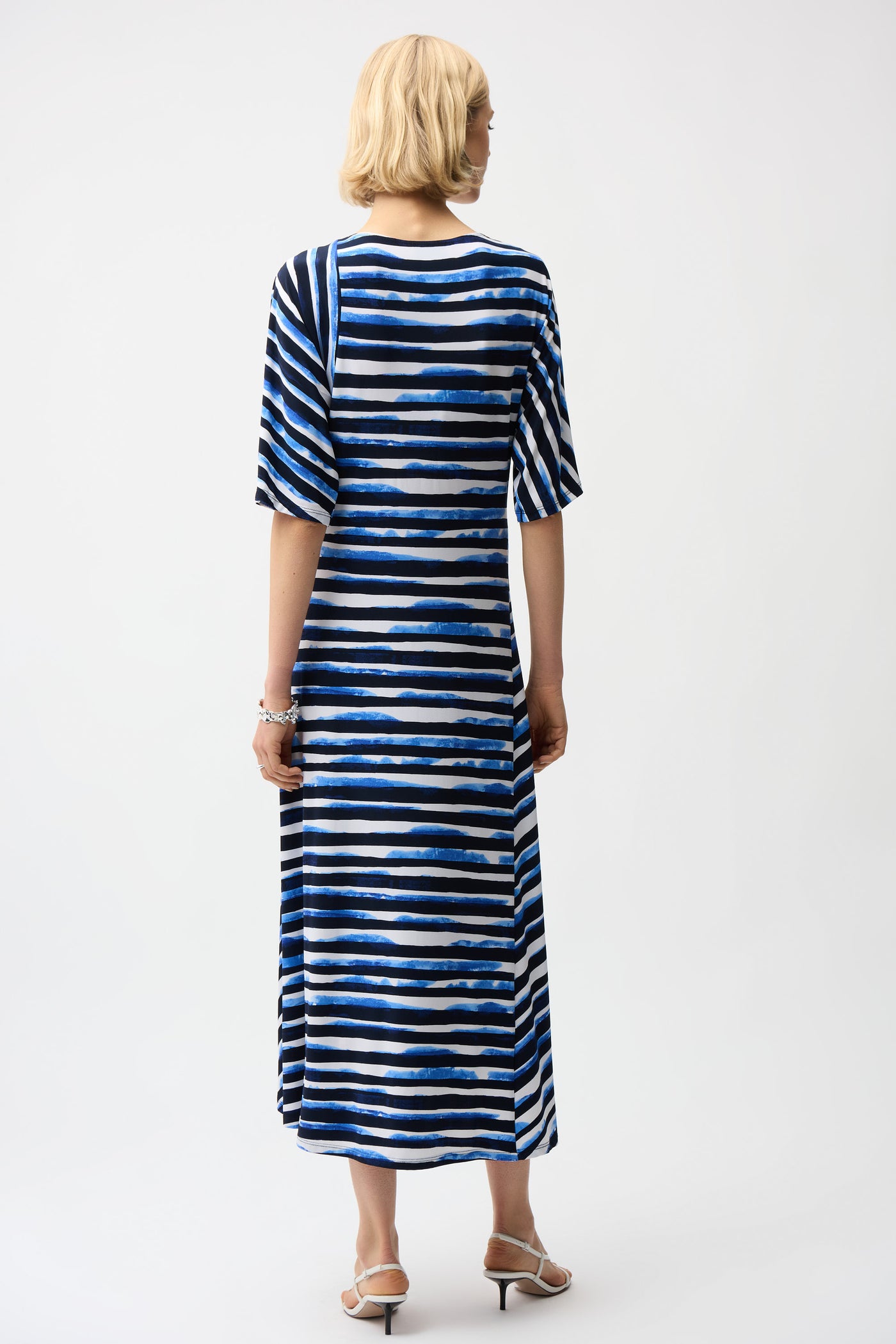 Joseph Ribkoff Blue/Vanilla Silky Knit Stripe Print Fit and Flare Dress