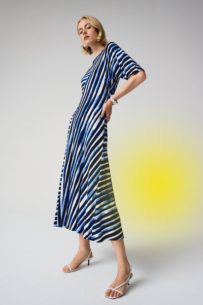 Joseph Ribkoff Blue/Vanilla Silky Knit Stripe Print Fit and Flare Dress