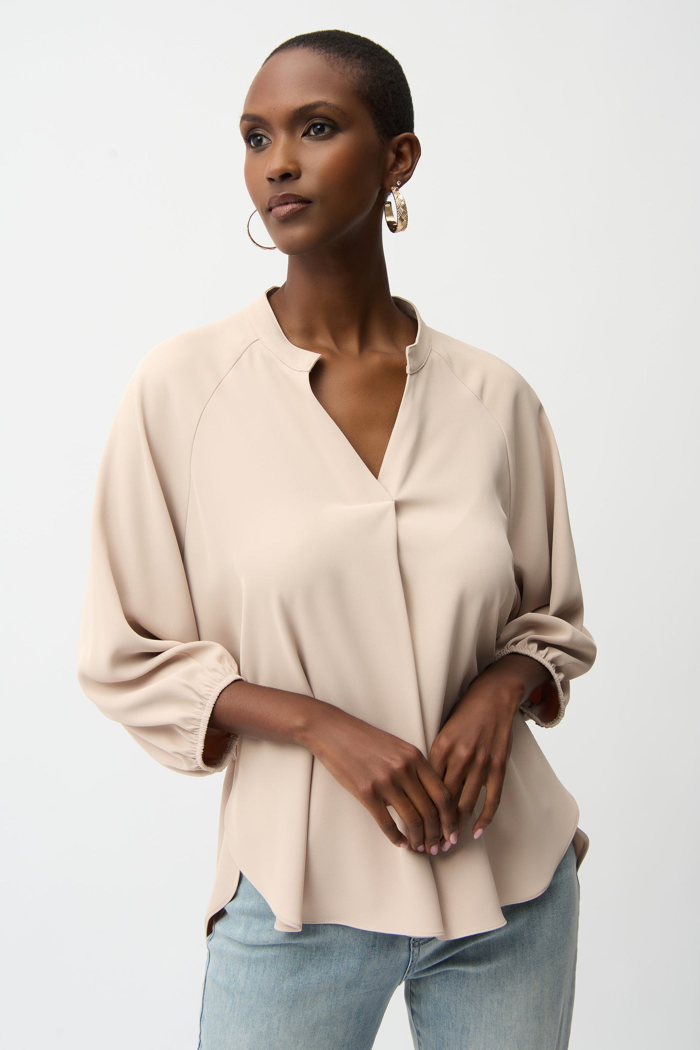 Joseph Ribkoff Parchment Woven Twill Boxy Top With Mandarin Collar