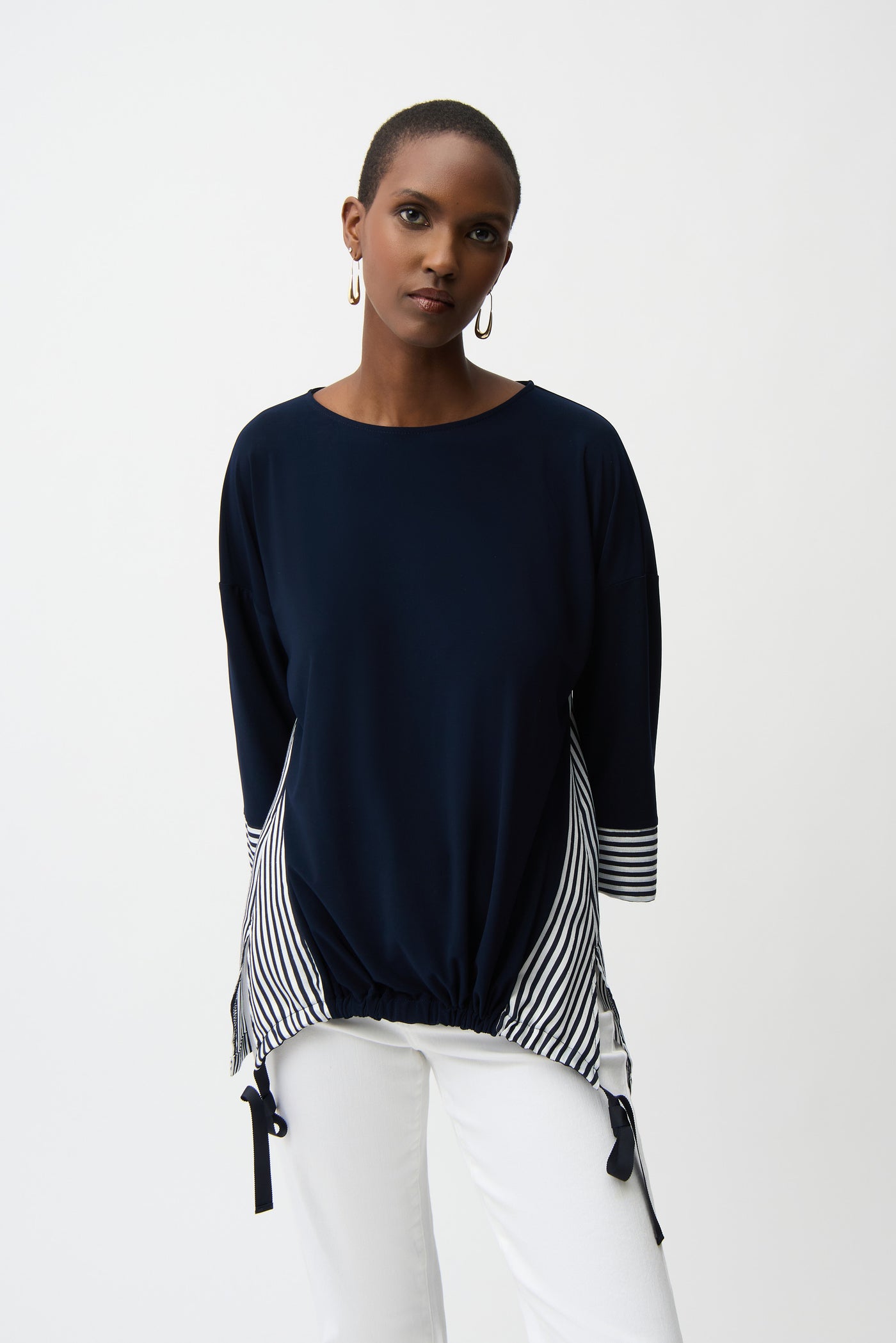Joseph Ribkoff Navy/Off-White Silky Knit and Woven Stripe Top With High Low Hem