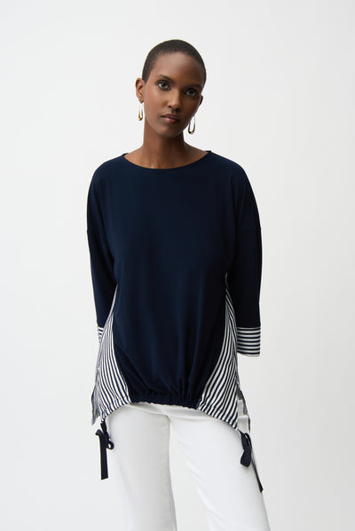 Joseph Ribkoff Navy/Off-White Silky Knit and Woven Stripe Top With High Low Hem
