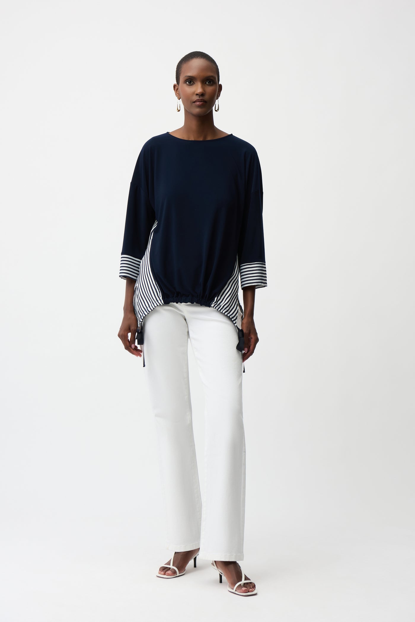 Joseph Ribkoff Navy/Off-White Silky Knit and Woven Stripe Top With High Low Hem