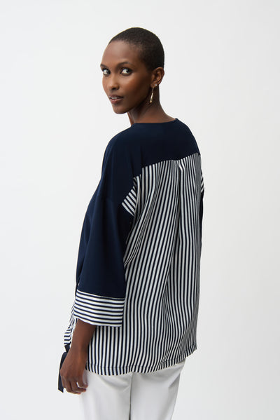 Joseph Ribkoff Navy/Off-White Silky Knit and Woven Stripe Top With High Low Hem