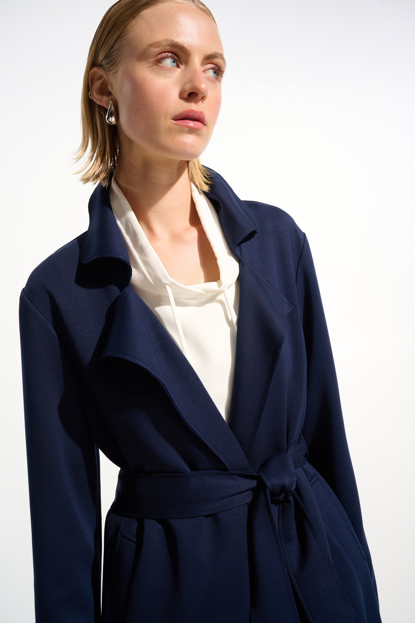Joseph Ribkoff Indigo Scuba Jersey Straight Coat With Sash