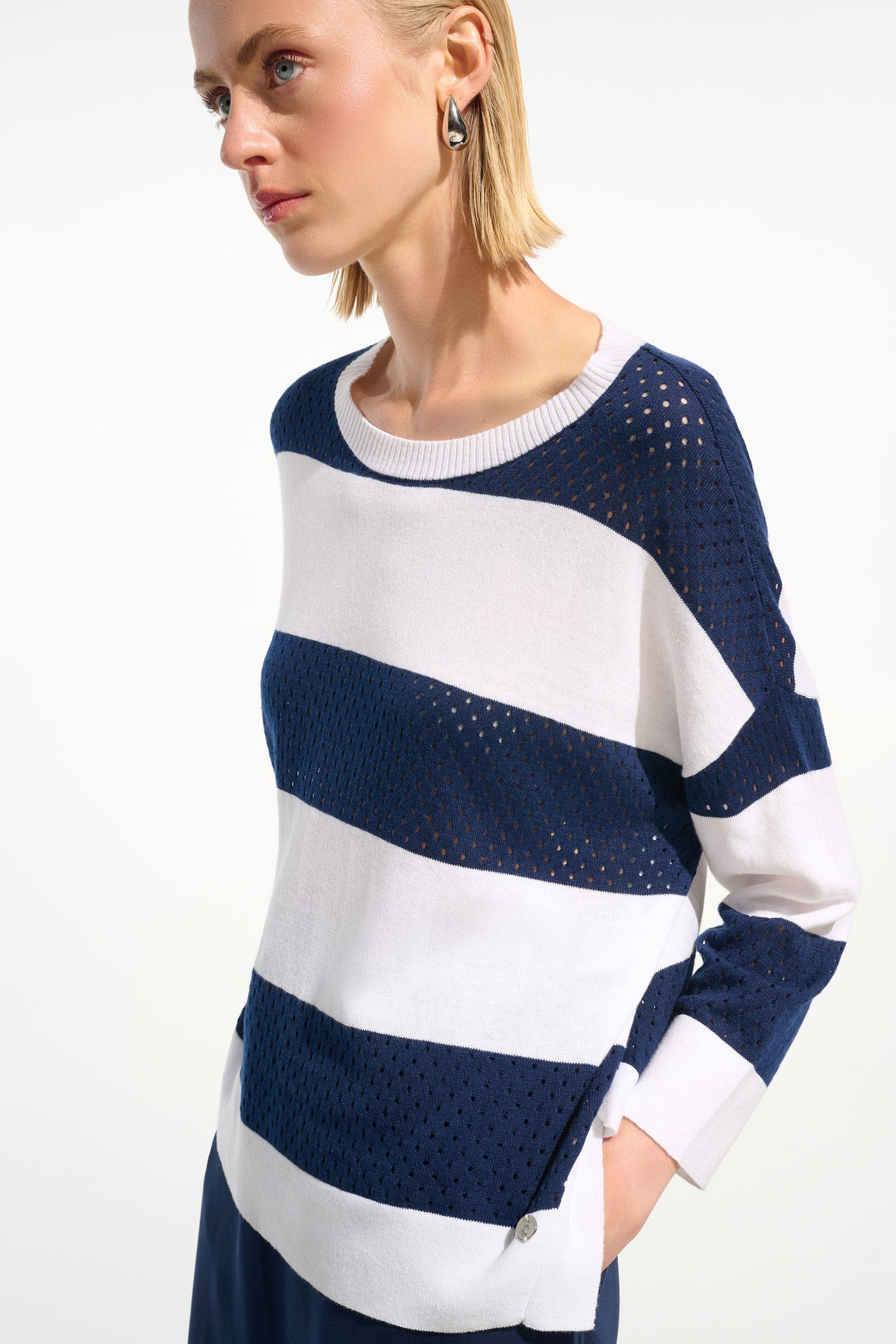 Joseph Ribkoff Cotton Blend Stripe Print Crewneck Sweater
