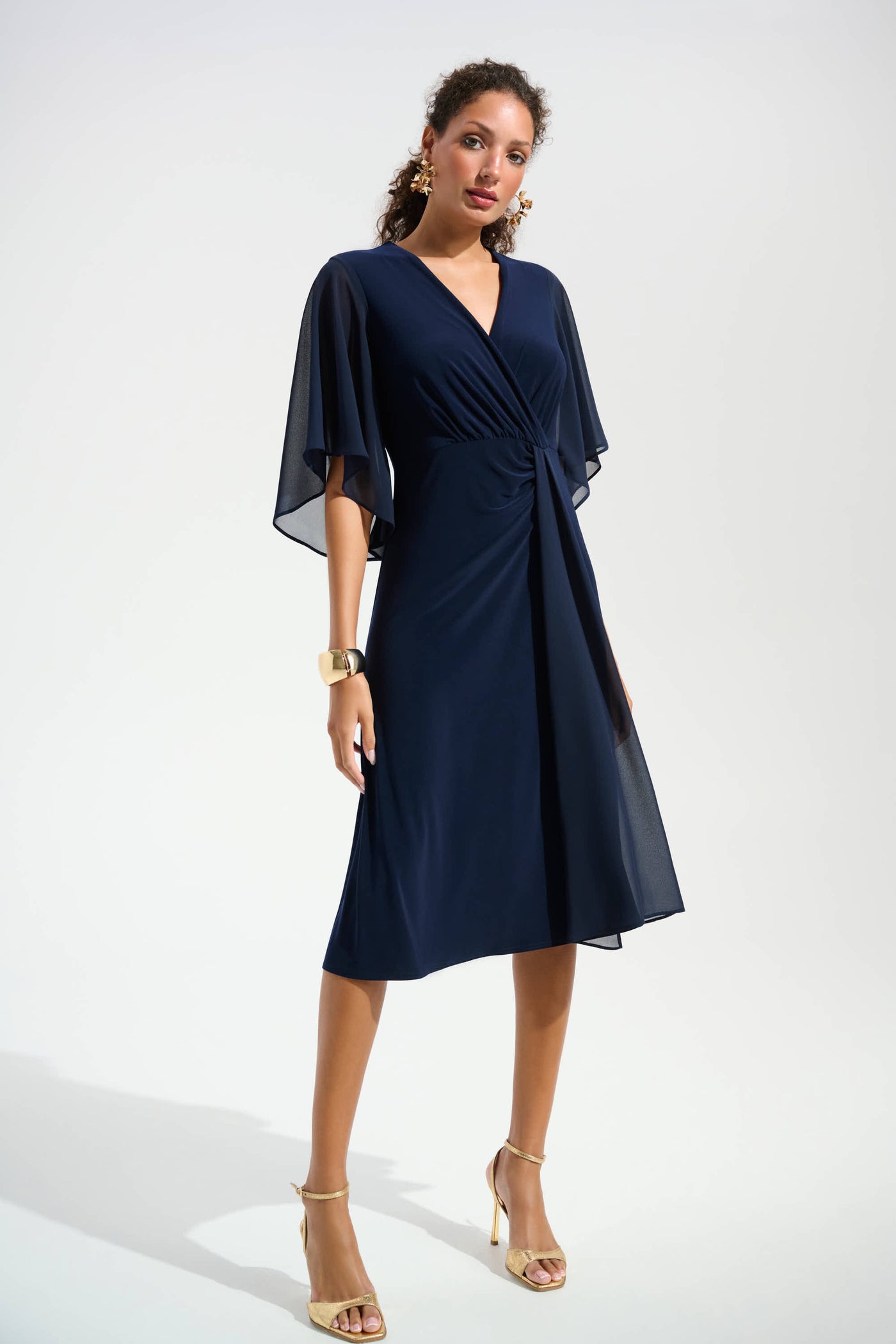 Joseph Ribkoff Signature  Silky Knit Fit and Flare Dress With Chiffon Draped Sash