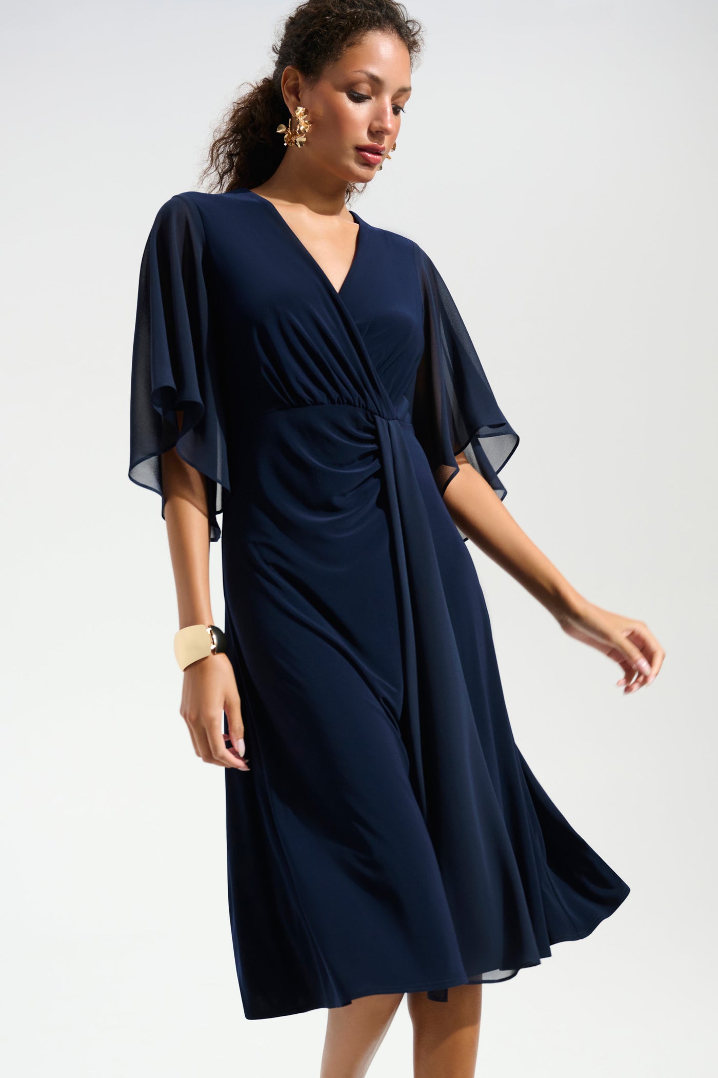 Joseph Ribkoff Signature  Silky Knit Fit and Flare Dress With Chiffon Draped Sash