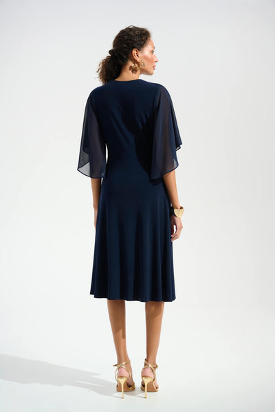 Joseph Ribkoff Signature  Silky Knit Fit and Flare Dress With Chiffon Draped Sash