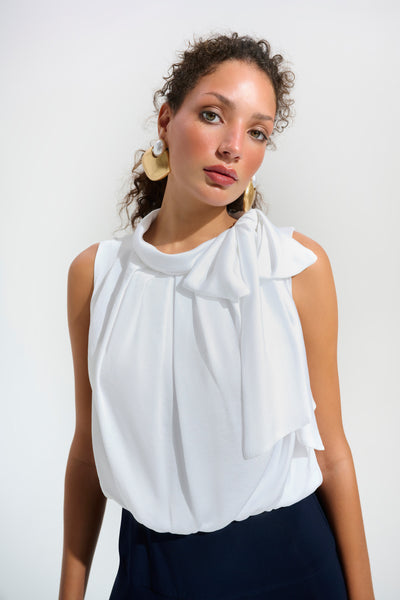 Joseph Ribkoff Signature | Silky Knit And Satin Wide Leg Jumpsuit With Contrast Bodice And Neck Bow Tie