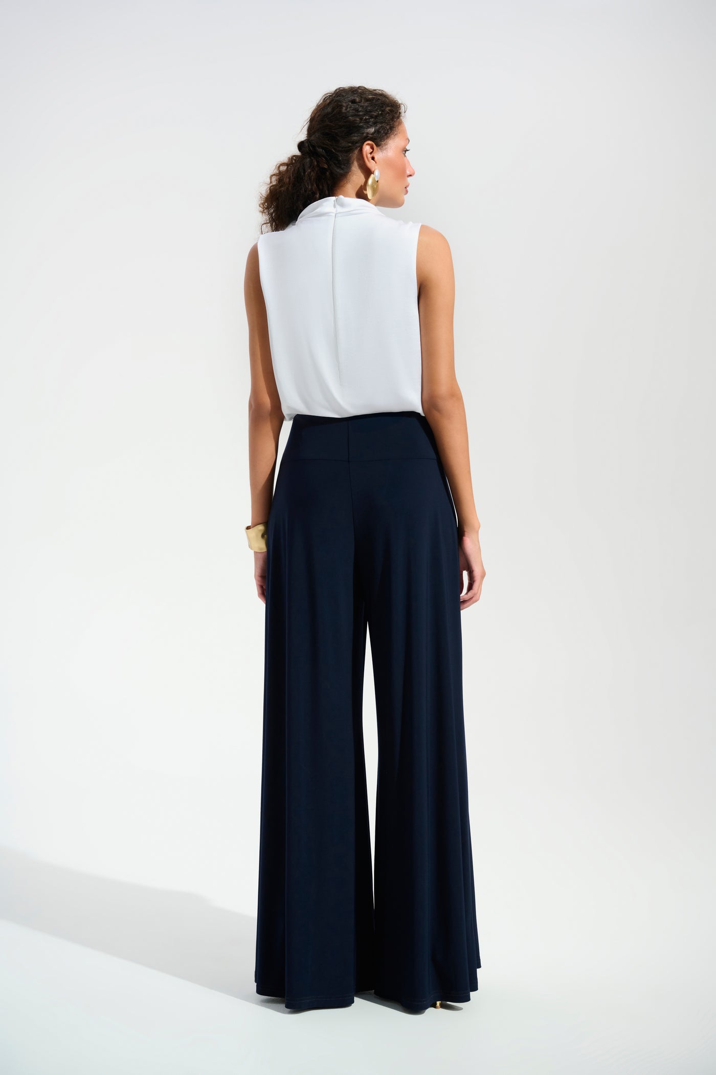 Joseph Ribkoff Signature | Silky Knit And Satin Wide Leg Jumpsuit With Contrast Bodice And Neck Bow Tie