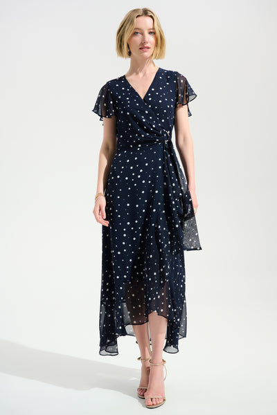 Joseph Ribkoff Midnight Blue/Vanilla Chiffon Print Wrap Dress With Ruffle Detail