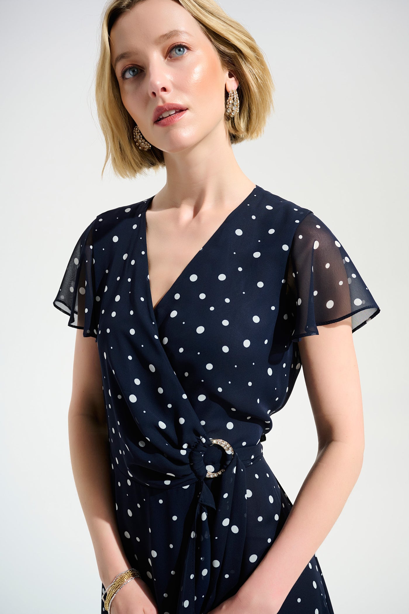 Joseph Ribkoff Midnight Blue/Vanilla Chiffon Print Wrap Dress With Ruffle Detail