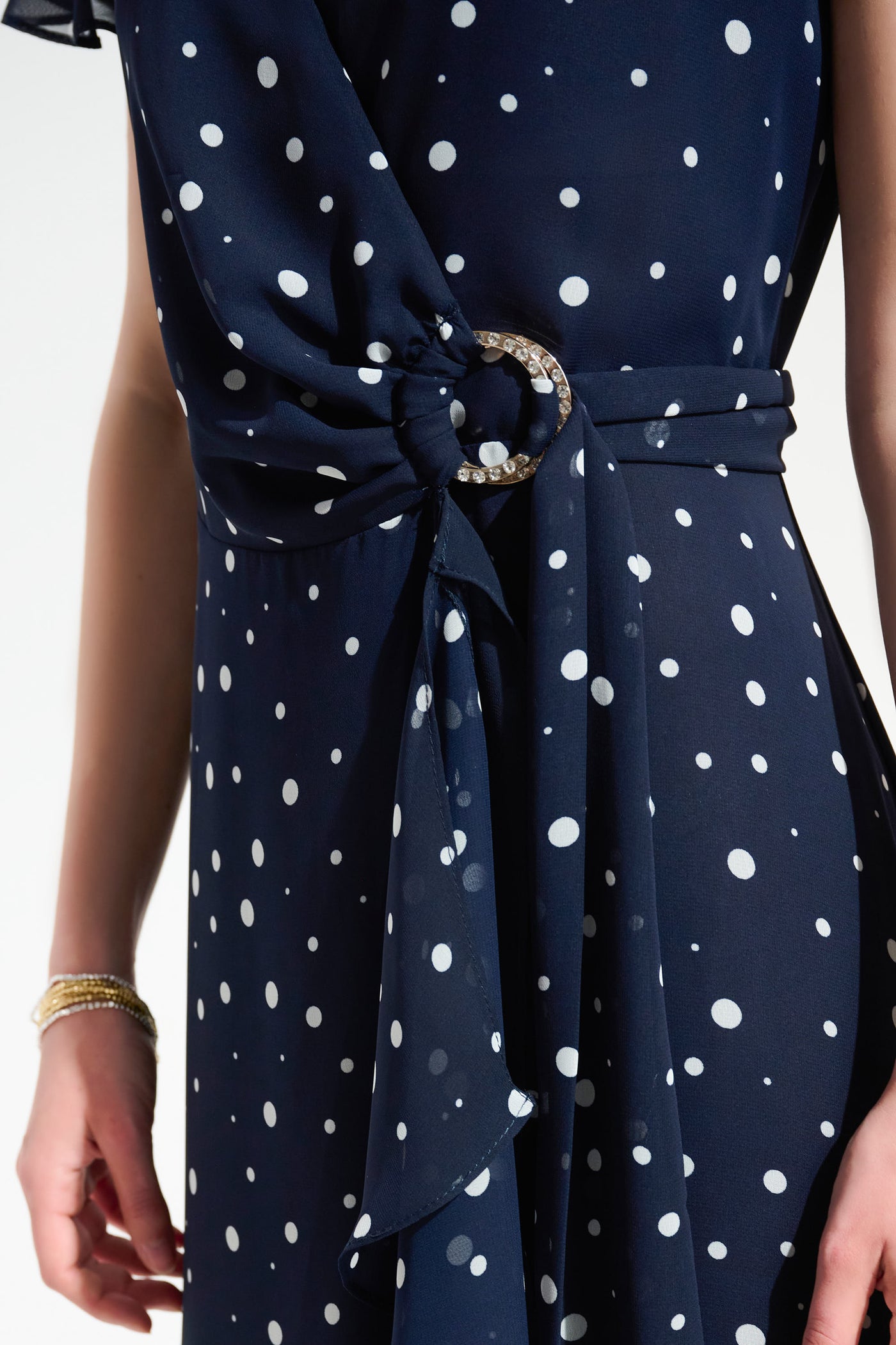 Joseph Ribkoff Midnight Blue/Vanilla Chiffon Print Wrap Dress With Ruffle Detail