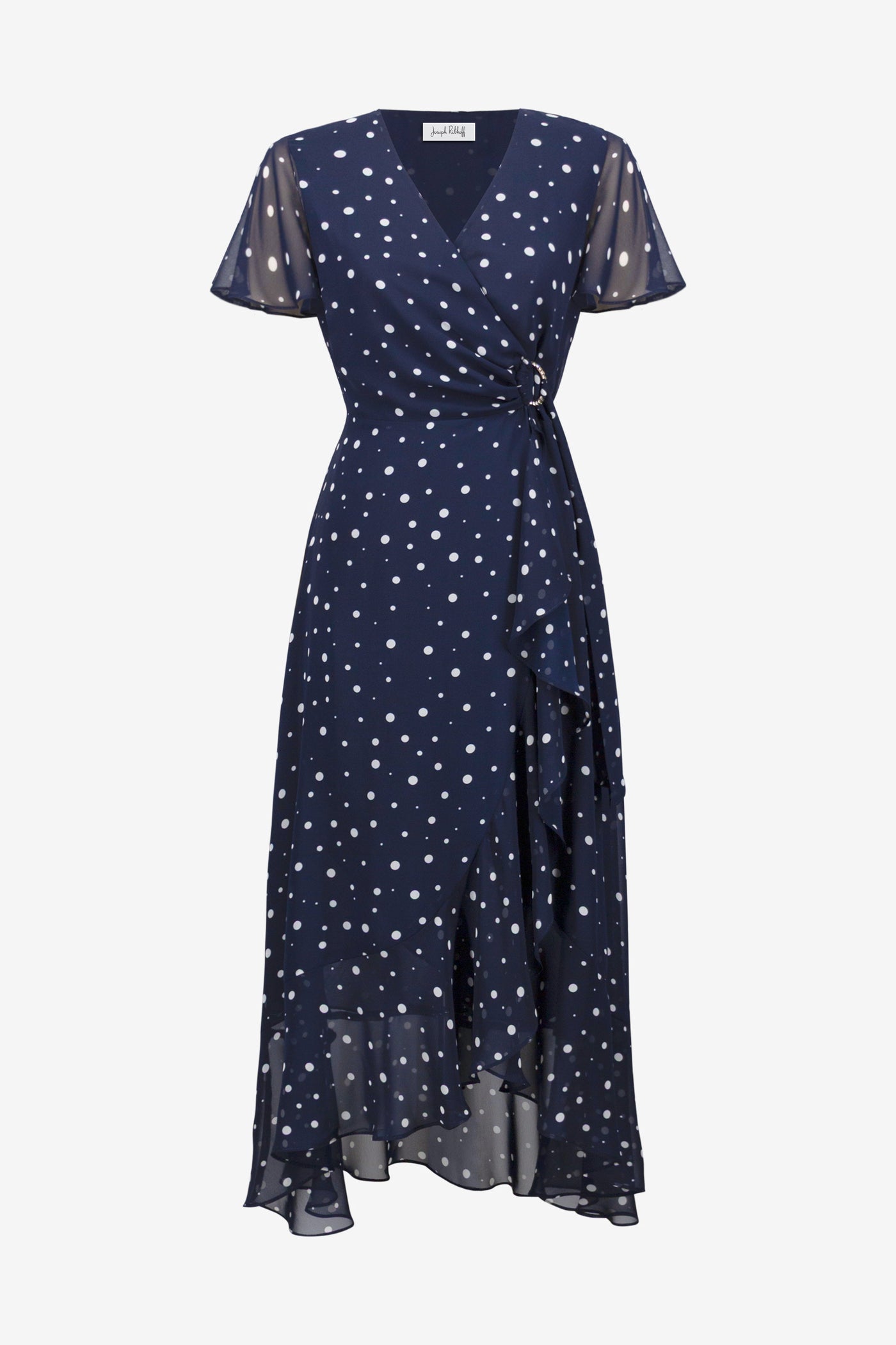 Joseph Ribkoff Midnight Blue/Vanilla Chiffon Print Wrap Dress With Ruffle Detail