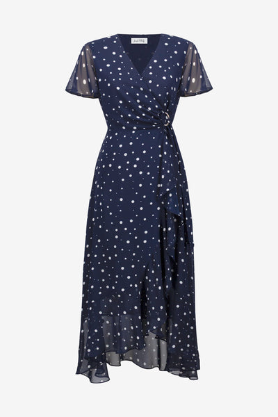 Joseph Ribkoff Midnight Blue/Vanilla Chiffon Print Wrap Dress With Ruffle Detail