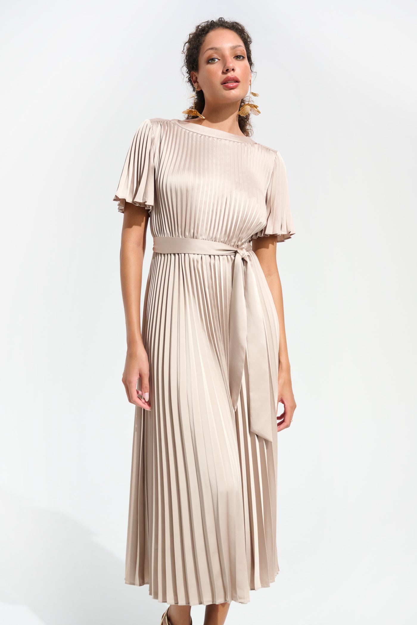 Joseph Ribkoff Signature | Pleated Satin Fit And Flare Dress With Sash Belt
